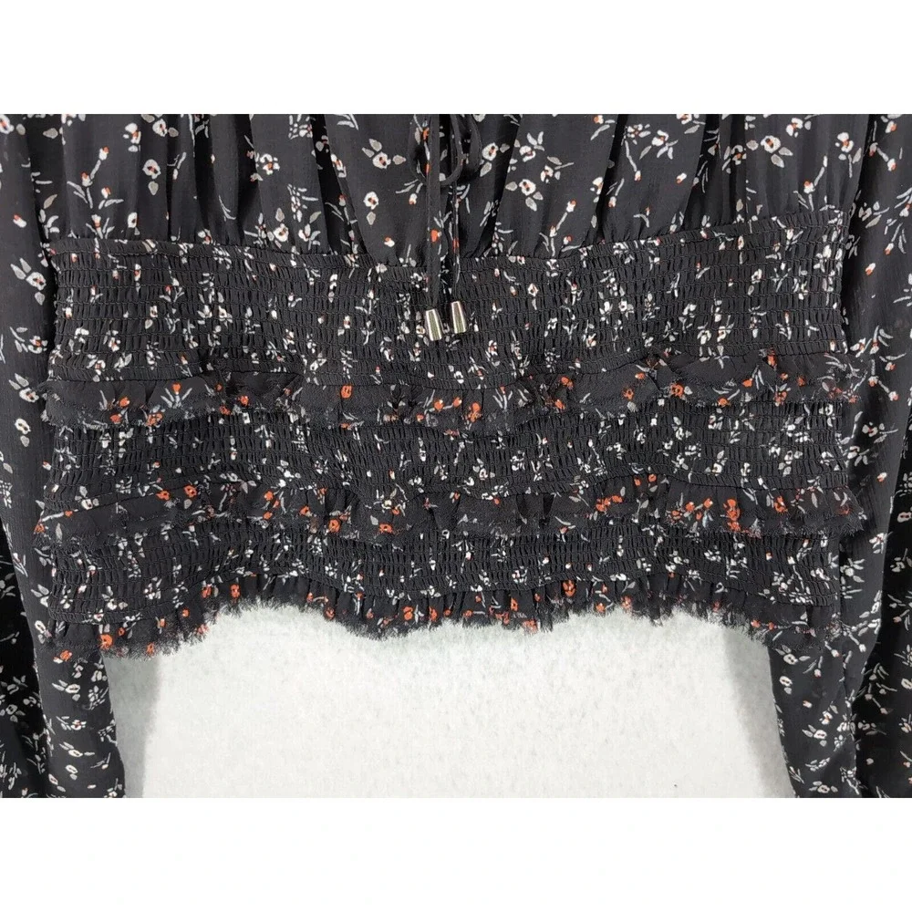 Free People Women's Black Floral Smocked Printed Lolita‎ Blouse Top Size S